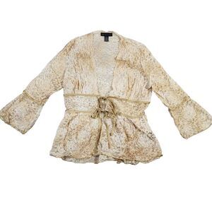 INC International Concepts Beige Lace Metallic Bell‎ Sleeve Fairycore Top Sz M